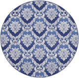 8' Ivory and Blue Damask Distressed Round Rug