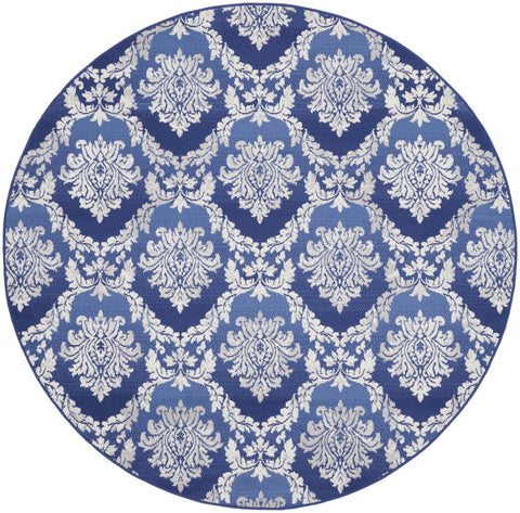 8' Ivory and Blue Damask Distressed Round Rug