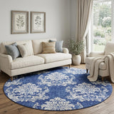 8' Navy Blue and Ivory Damask Distressed Round Rug