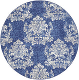 8' Navy Blue and Ivory Damask Distressed Round Rug