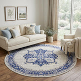 8' Ivory and Blue Floral Round Rug