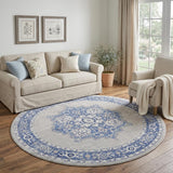 8' Ivory Blue and Gray Floral Round Rug