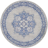 8' Ivory Blue and Gray Floral Round Rug