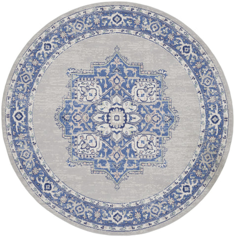 8' Ivory Blue and Gray Floral Round Rug