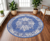 8' Ivory Navy Blue and Beige Floral Medallion Round Rug