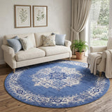 8' Ivory Navy Blue and Beige Floral Medallion Round Rug
