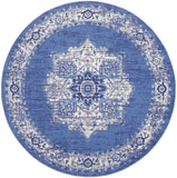 8' Ivory Navy Blue and Beige Floral Medallion Round Rug
