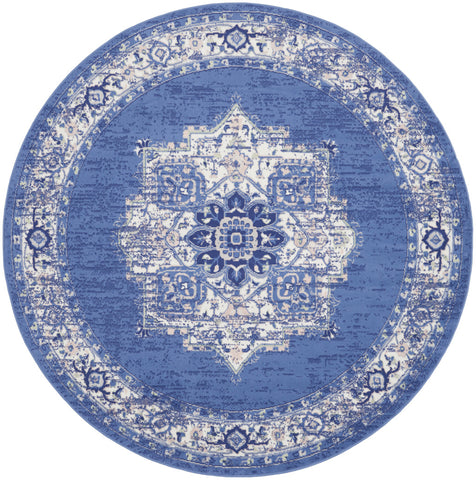 8' Ivory Navy Blue and Beige Floral Medallion Round Rug