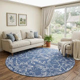 8' Ivory and Blue Floral Distressed Round Rug