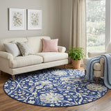 8' Navy Blue Ivory and Beige Floral Round Rug