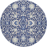 8' Navy Blue Ivory and Beige Floral Round Rug
