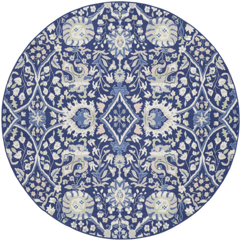 8' Navy Blue Ivory and Beige Floral Round Rug