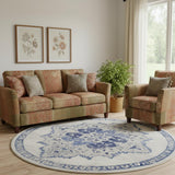8' Ivory And Blue Floral Round Rug