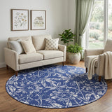 8' Ivory and Navy Blue Floral Distressed Round Rug