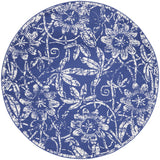 8' Ivory and Navy Blue Floral Distressed Round Rug