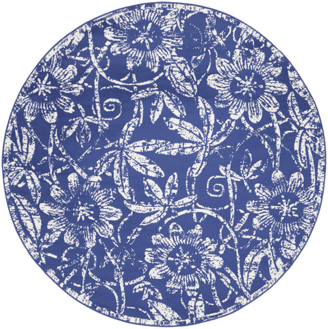 8' Ivory and Navy Blue Floral Distressed Round Rug
