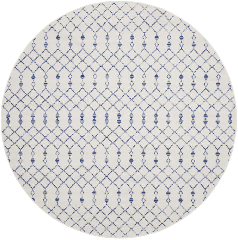 8' Ivory and Blue Geometric Round Rug