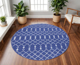 8' Navy Blue and Ivory Geometric Round Rug