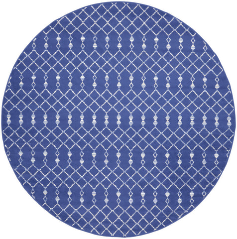 8' Navy Blue and Ivory Geometric Round Rug