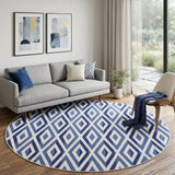 8' Ivory and Blue Geometric Round Rug