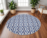 8' Ivory and Blue Geometric Round Rug