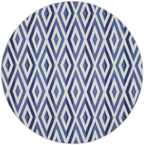 8' Ivory and Blue Geometric Round Rug