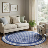 8' Ivory and Navy Blue Geometric Distressed Round Rug