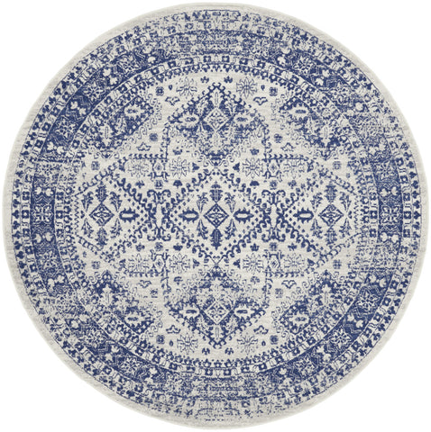 8' Ivory and Navy Blue Geometric Distressed Round Rug