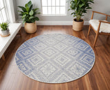 8' Ivory and Blue Geometric Distressed Round Rug