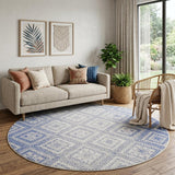 8' Ivory and Blue Geometric Distressed Round Rug