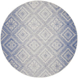 8' Ivory and Blue Geometric Distressed Round Rug