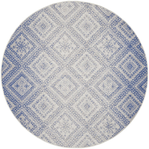 8' Ivory and Blue Geometric Distressed Round Rug