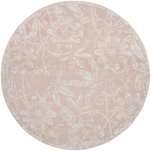 8' Pink and Ivory Floral Distressed Round Rug