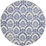 8' Ivory and Navy Blue Damask Distressed Round Rug