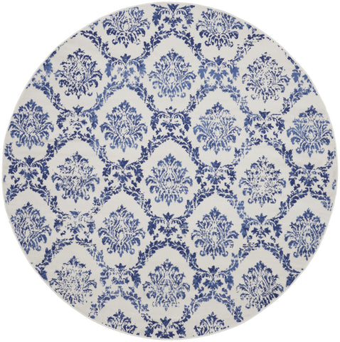 8' Ivory and Navy Blue Damask Distressed Round Rug