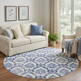 8' Ivory and Navy Blue Damask Distressed Round Rug