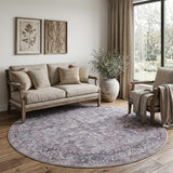 8' Gray Round Floral Power Loom Distressed Area Rug