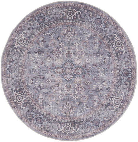8' Gray Round Floral Power Loom Distressed Area Rug