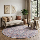 8' Blue and Red Round Floral Power Loom Distressed Area Rug