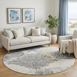 8' Ivory Blue And Gray Seashell and Coral Non Skid Round Rug