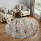 6' Ivory Brown And Gray Floral Distressed Round Rug