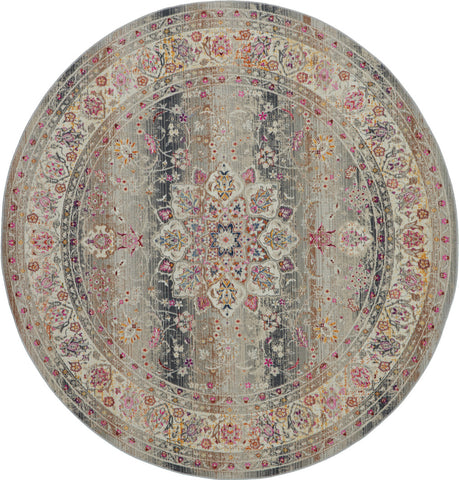 6' Ivory Brown And Gray Floral Distressed Round Rug