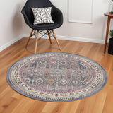 6' Ivory Pink And Gray Floral Distressed Round Rug