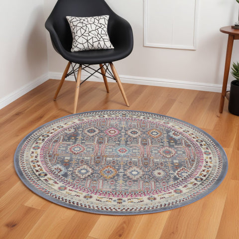 6' Ivory Pink And Gray Floral Distressed Round Rug