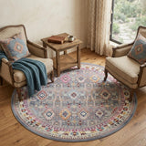 6' Ivory Pink And Gray Floral Distressed Round Rug