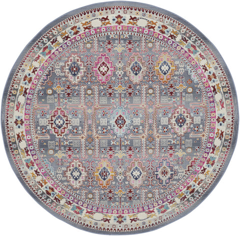 6' Ivory Pink And Gray Floral Distressed Round Rug