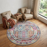 6' Ivory Gray And Red Floral Distressed Round Rug