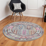 6' Ivory Gray And Red Floral Distressed Round Rug