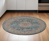 6' Blue And Beige Floral Distressed Round Rug