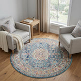 6' Blue And Beige Floral Distressed Round Rug
